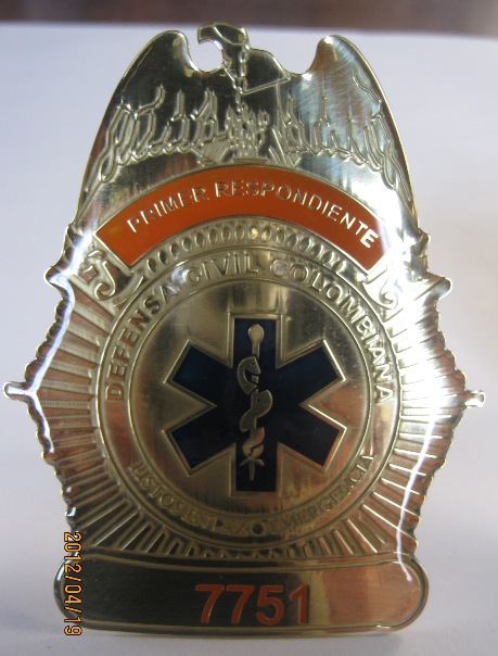 PLACA PRIMER RESPONDIENTE, DEFENSA CIVIL COLOMBIANA, AMA JOYERIA CORPORATIVA